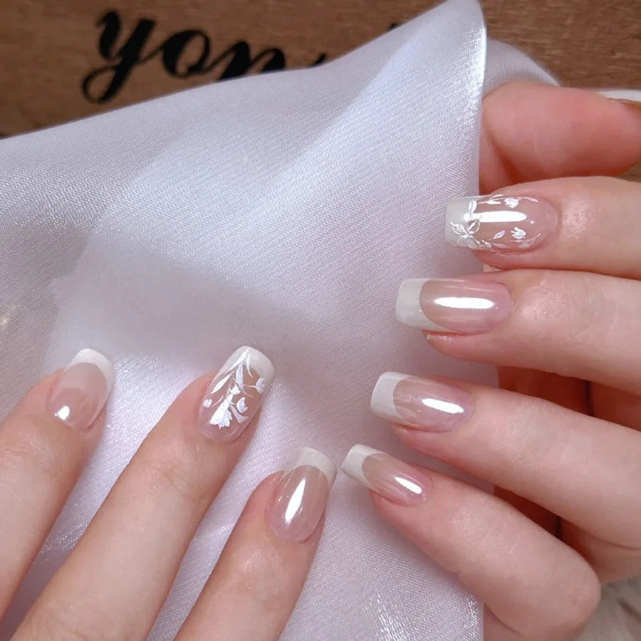 24 Pcs White French Acrylic Square Press on Nails Simple Short Medium Fake Nails with Tools Artificial Realistic False Nails Set