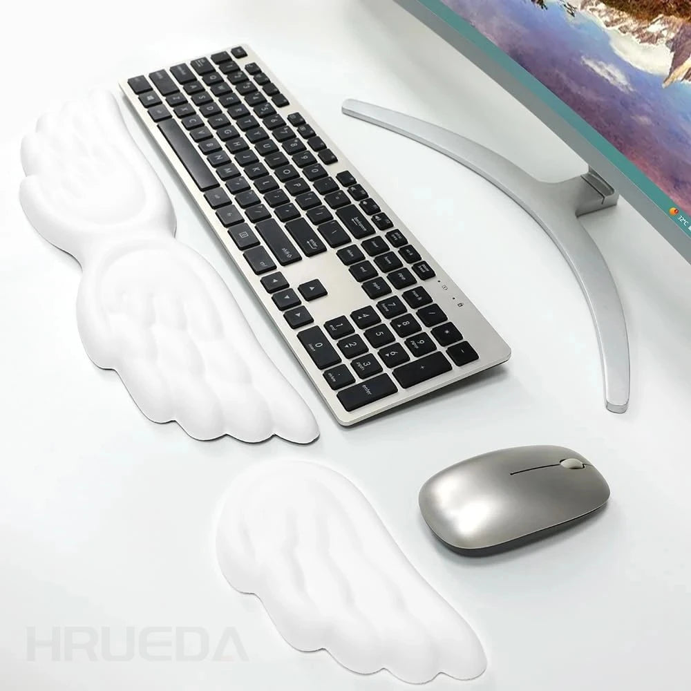 Keyboard Mouse Wrist Rest Angel Wing Memory Foam Mouse Pad Set Wrist Support Ergonomic Non-Slip for Computer Laptop Easy Typing