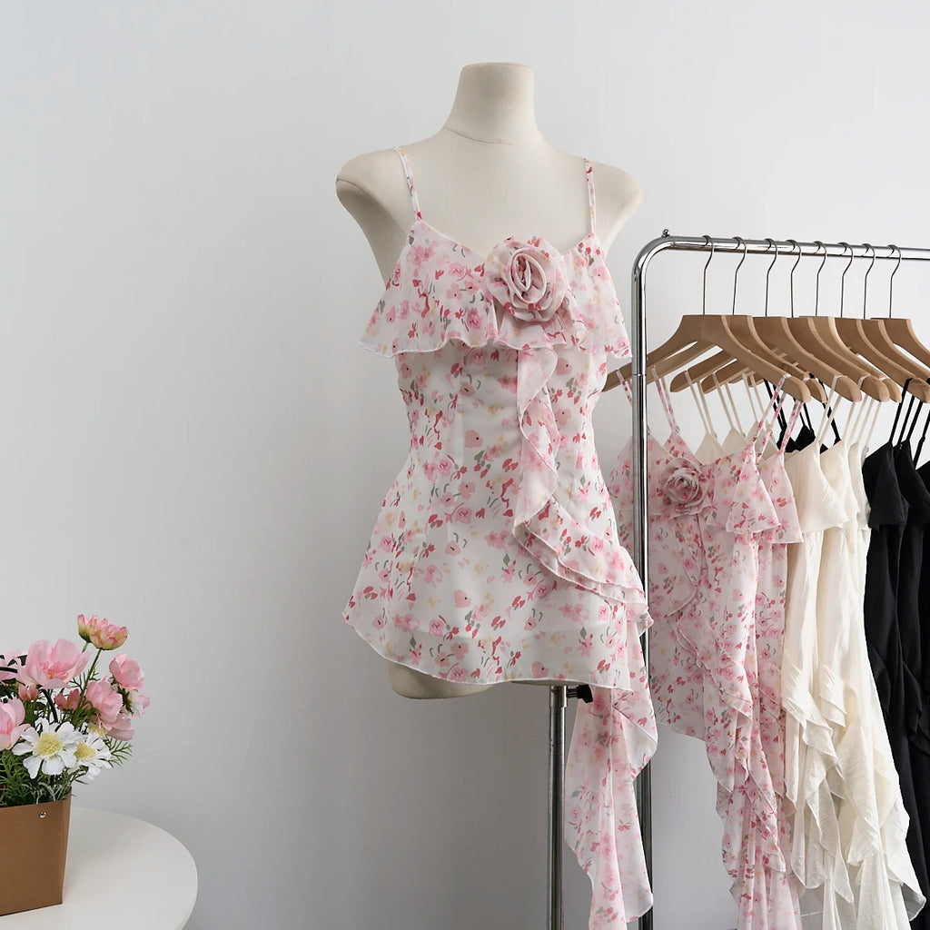 Summer Women Aesthetic Camisole Crop Top Ruffles Irregular Halter Tops Y2k Streetwear Coquette 2000s Aesthetic Vintage Design