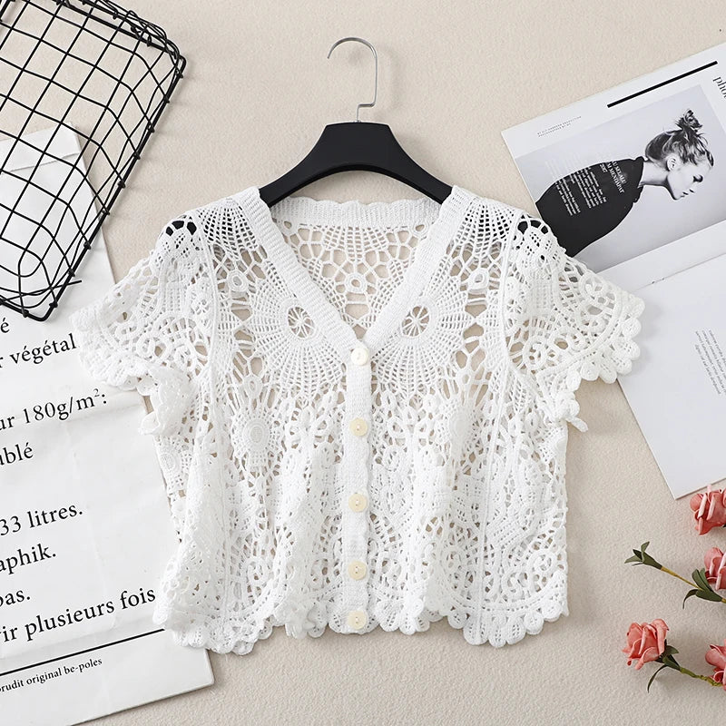 Boho Crochet Knit Top Short Sleeve Button-up Sheer Openwork Blouse Women Teen-girl Summer Fairycore Vacation Outfit