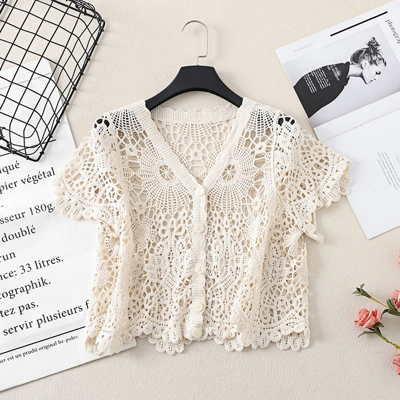Boho Crochet Knit Top Short Sleeve Button-up Sheer Openwork Blouse Women Teen-girl Summer Fairycore Vacation Outfit