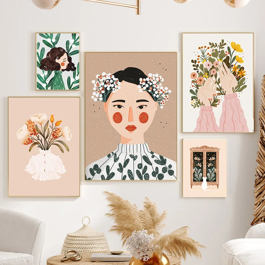 Boho Fashion Girl Flowers Leaves Illustration Wall Art