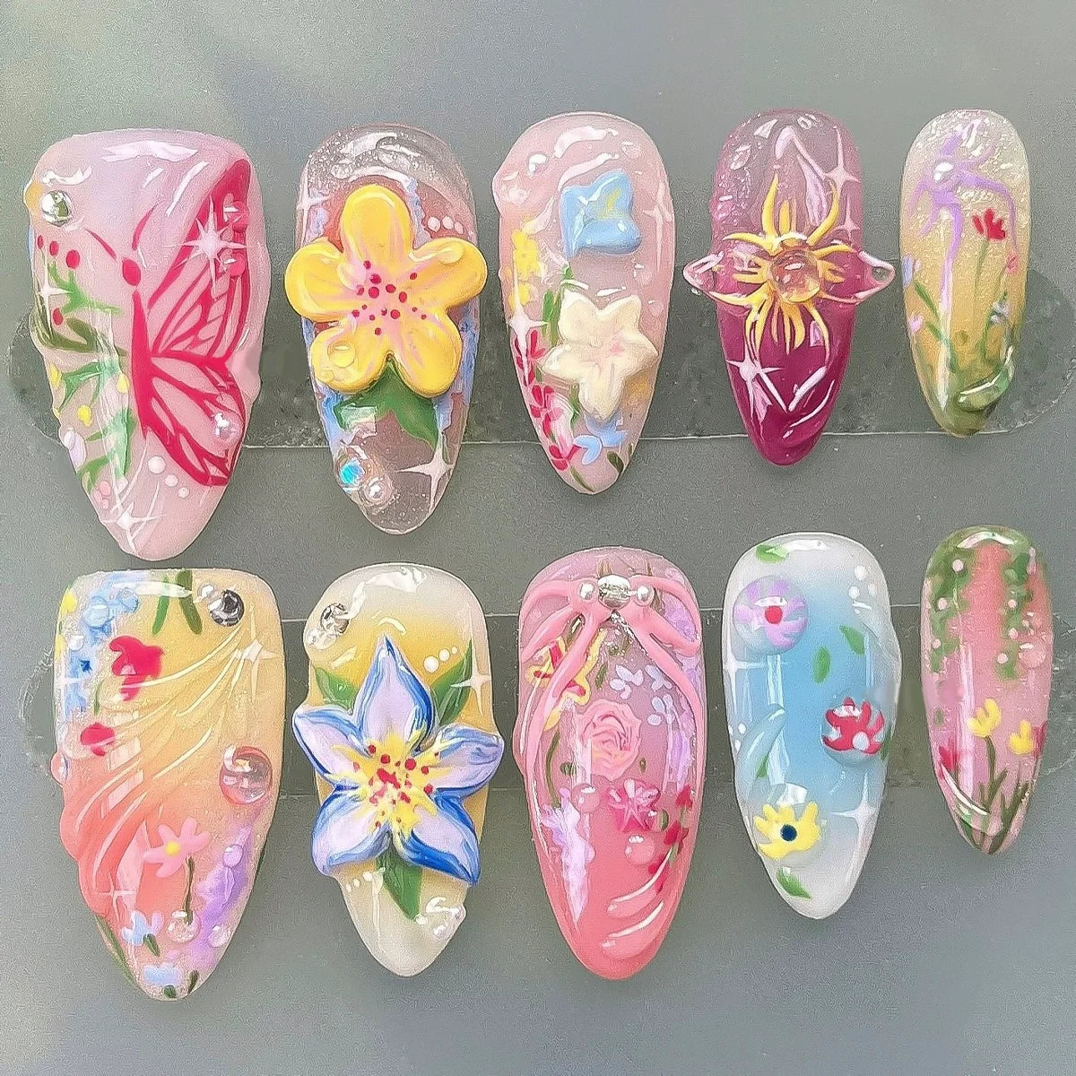 Pink Almond False Nails Butterfly Ballet