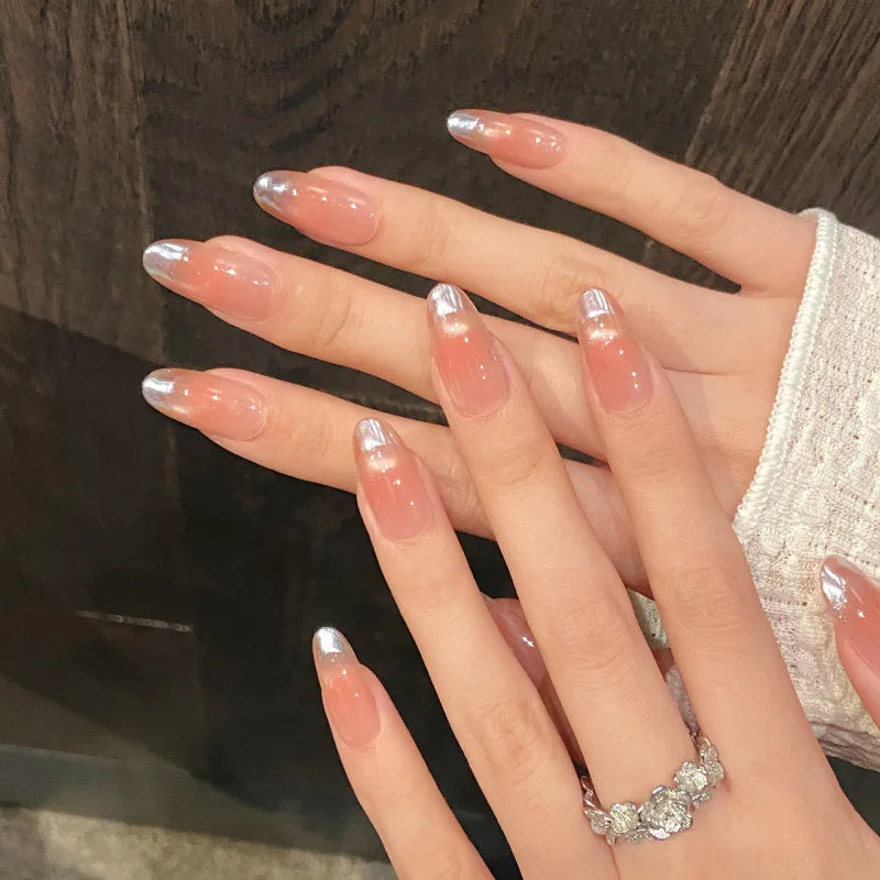 10Pcs Handmade Press on Nails Full Cover Rhinestone Design French Almond False Nails Artificial Wearable Manicure Nail Tips Art