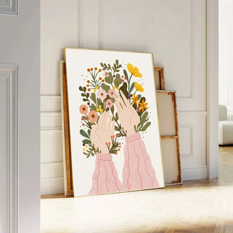 Boho Fashion Girl Flowers Leaves Illustration Wall Art