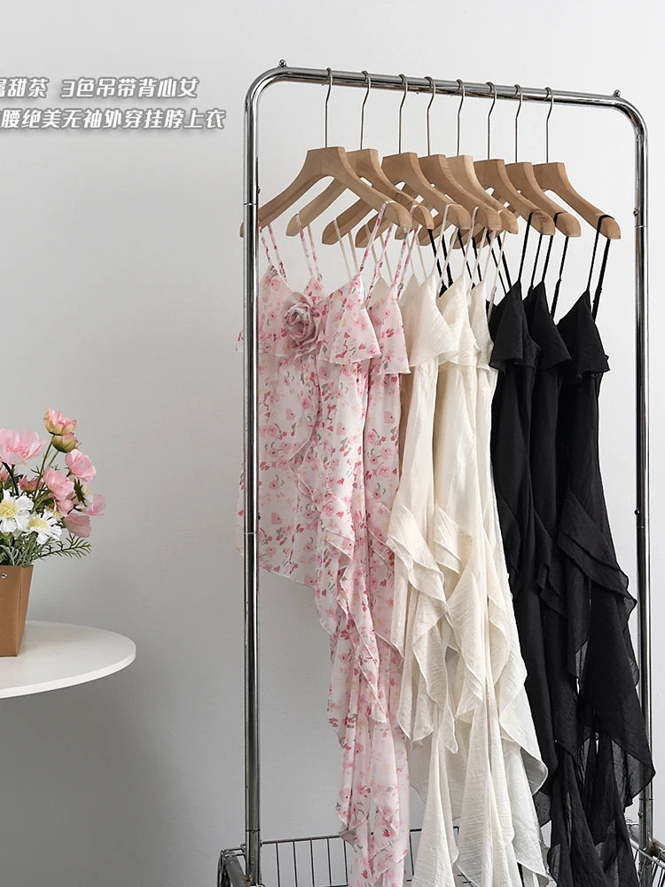 Summer Women Aesthetic Camisole Crop Top Ruffles Irregular Halter Tops Y2k Streetwear Coquette 2000s Aesthetic Vintage Design