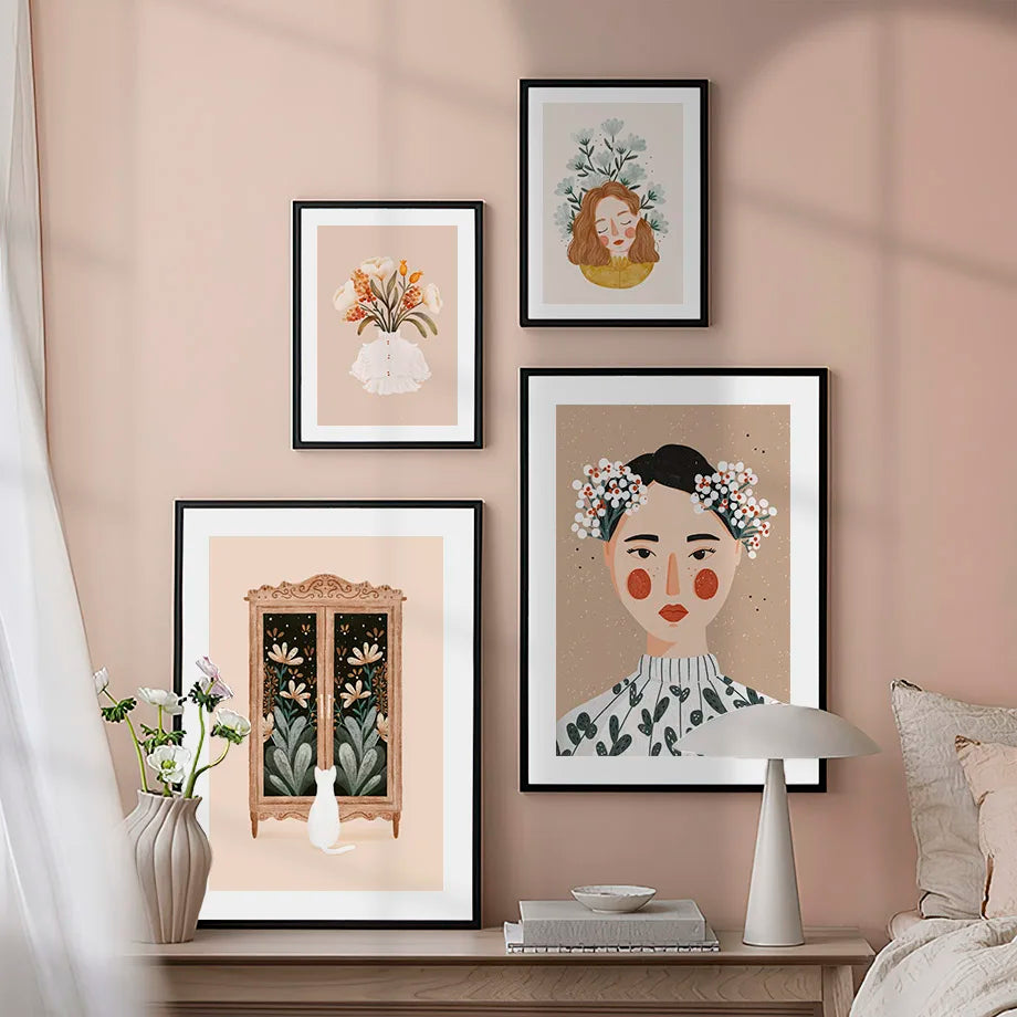 Boho Fashion Girl Flowers Leaves Illustration Wall Art