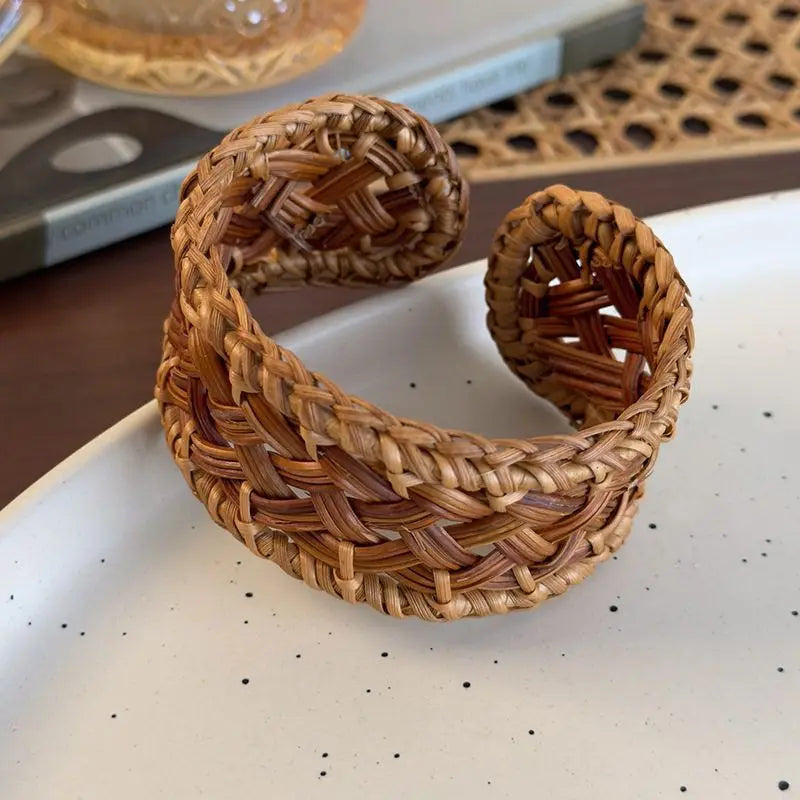 Boho Coffee Wood Bamboo Rattan Knit Wide Bangles for Women Ethnic Style Hand-woven Wrap Vintage Cuff Bracelets TrendyJewelry F