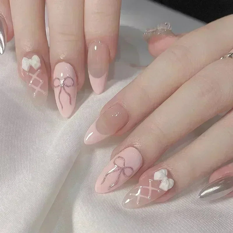 Pink Almond False Nails Butterfly Ballet