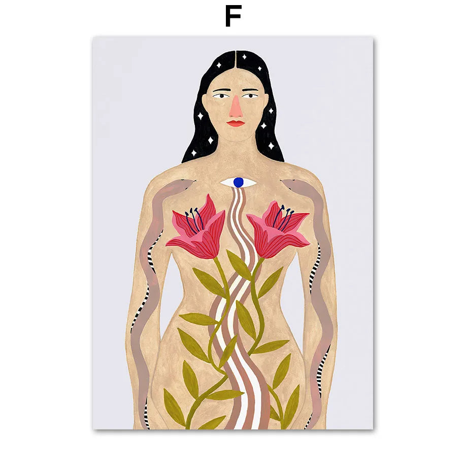 Boho Woman Flower Mountain Fruit Botanical Floral Wall Art Canvas Painting Posters And Prints Pictures For Living Room Decor