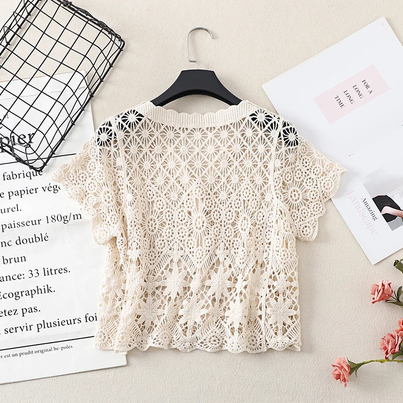 Boho Crochet Knit Top Short Sleeve Button-up Sheer Openwork Blouse Women Teen-girl Summer Fairycore Vacation Outfit