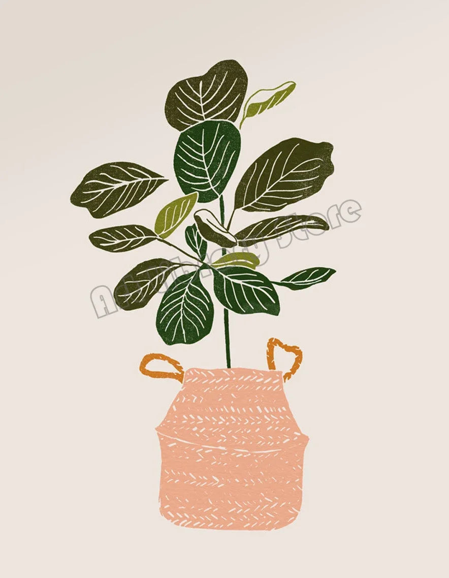 Boho Abstract Classic House Plant in Vase Green Floral Botanical Poster Canvas Painting Wall Art Pictures Home Interior Decor