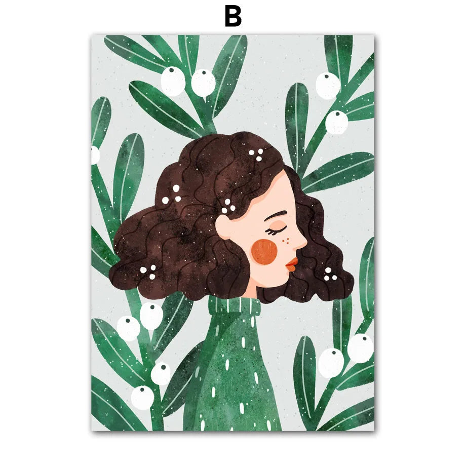 Boho Fashion Girl Flowers Leaves Illustration Wall Art