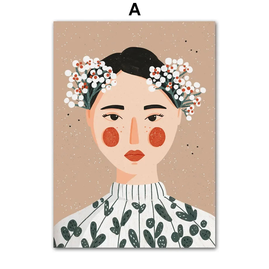 Boho Fashion Girl Flowers Leaves Illustration Wall Art