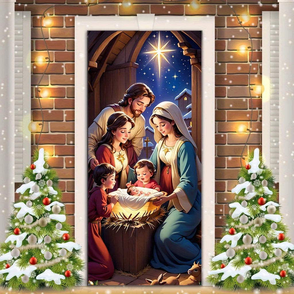 A Christmas door ornament with a warm family scene and elegant floral wreath