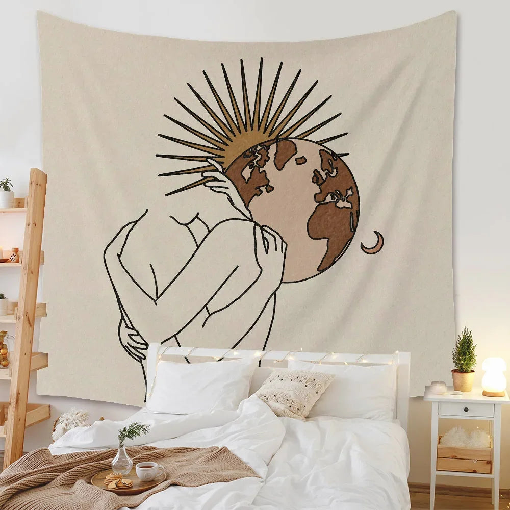 Boho Background Illustration Mural Decor Geometric Tapestry Wall Hanging Bedroom Aesthetic  Blanket