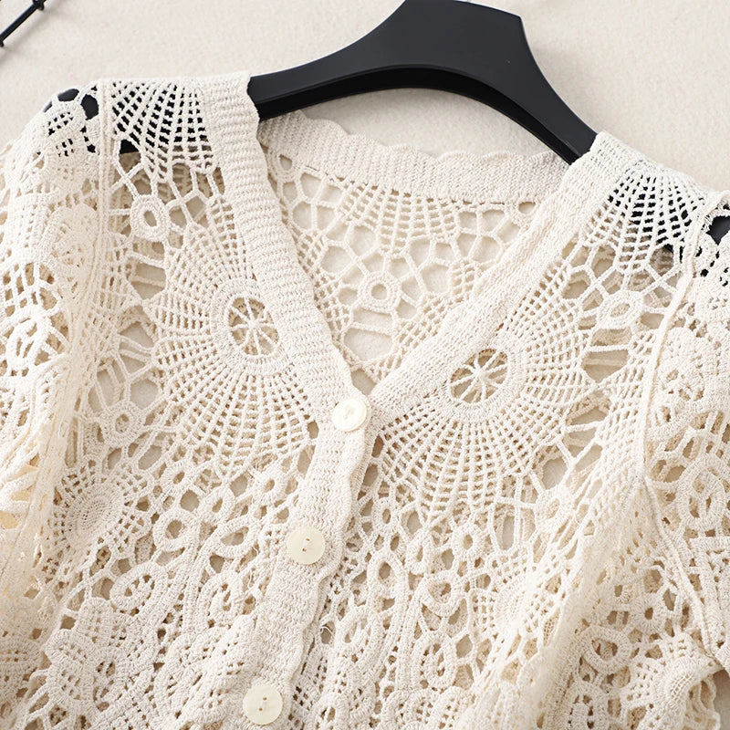 Boho Crochet Knit Top Short Sleeve Button-up Sheer Openwork Blouse Women Teen-girl Summer Fairycore Vacation Outfit