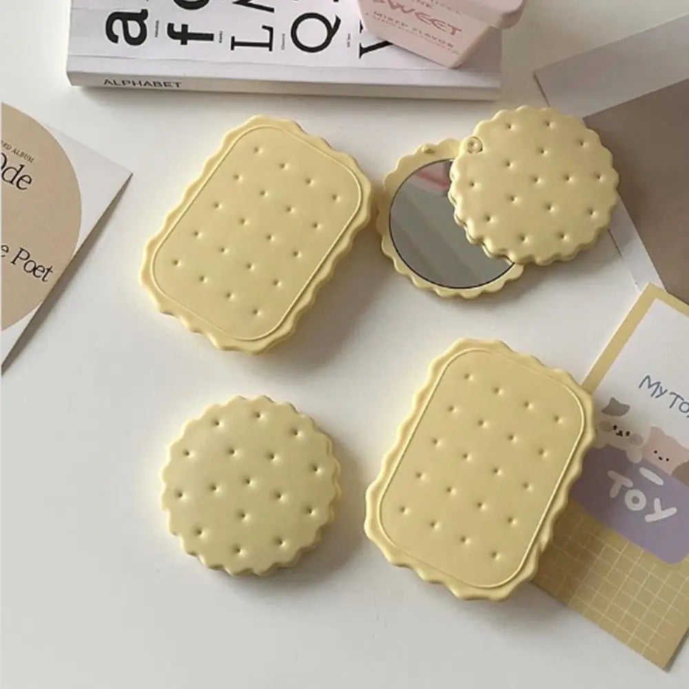 Cheese Biscuit Design Pocket Mirror Portable Foldable Mini Makeup Mirror For Travel Daily Use Cute Cartoon Style