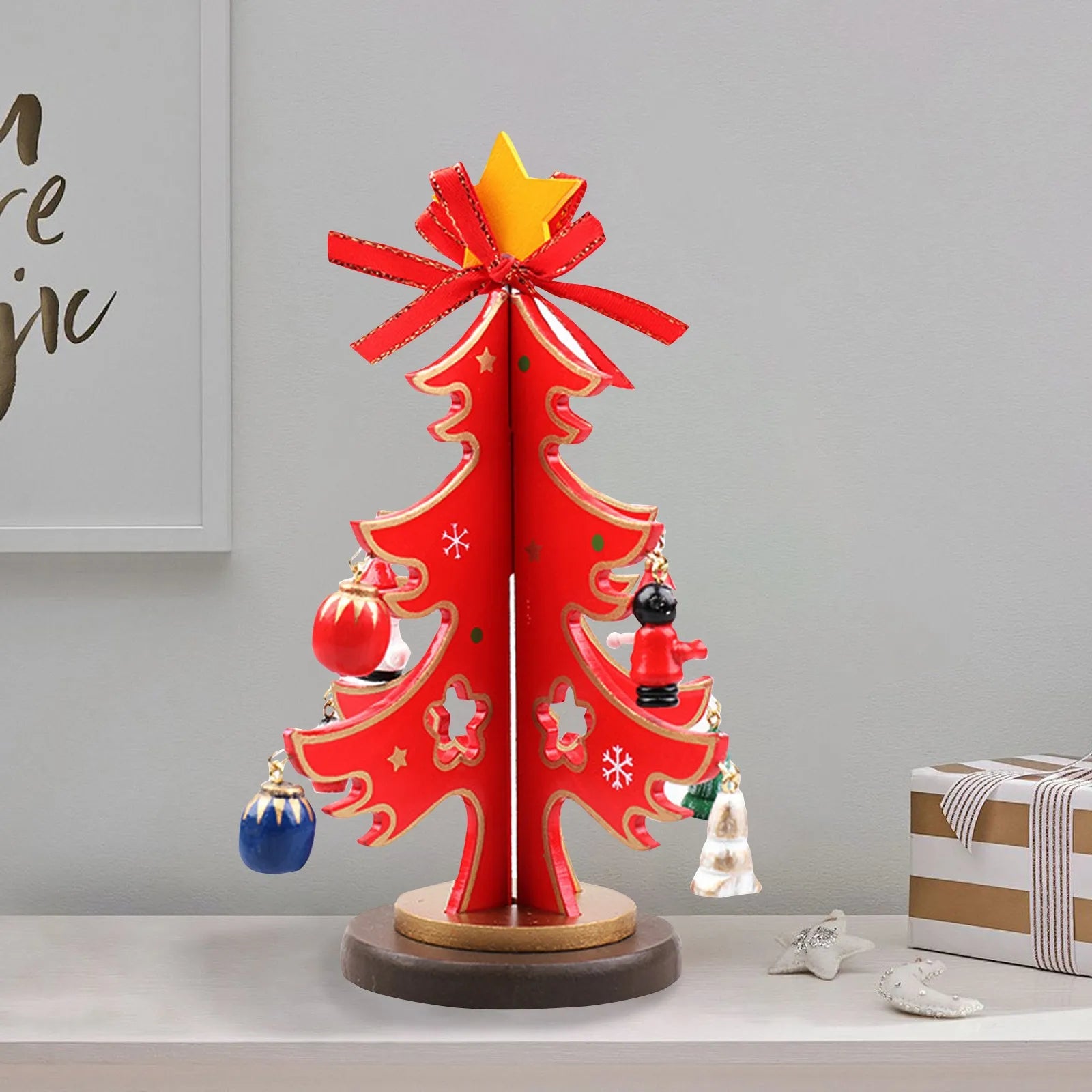 Christmas Wooden 3D Tree Ornament Festive Holiday Decor Tabletop Decoration Accessory Indoor Christmas Party Favor