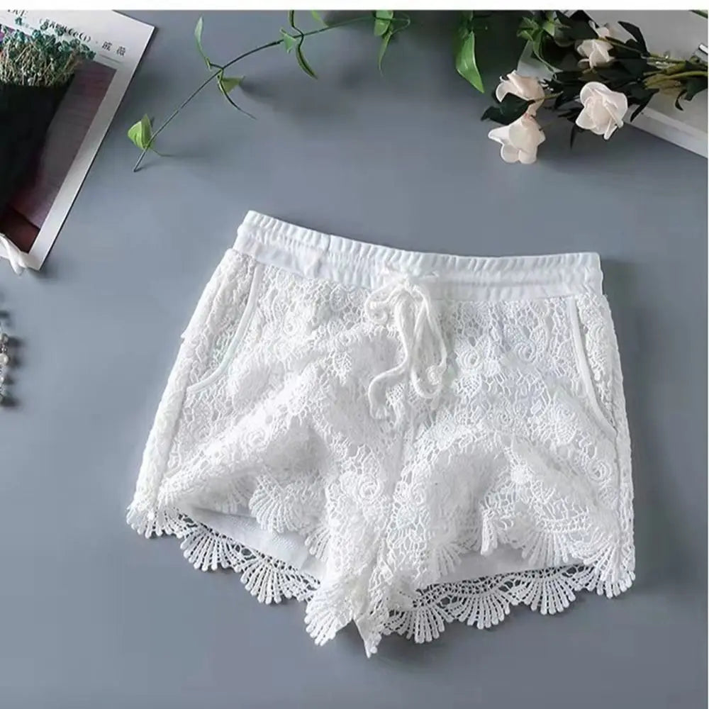 Boho Holiday Crochet Shorts Female Short Ladies Summer All-matching Trousers for Women High Waist Hollow Out Lace-up