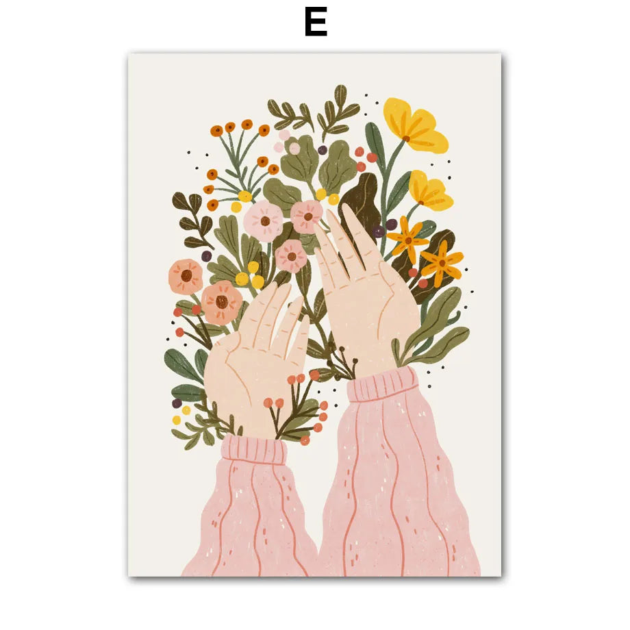 Boho Fashion Girl Flowers Leaves Illustration Wall Art