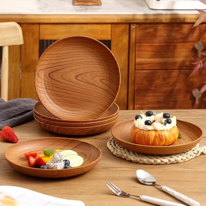 Wood grain colored dinner plates