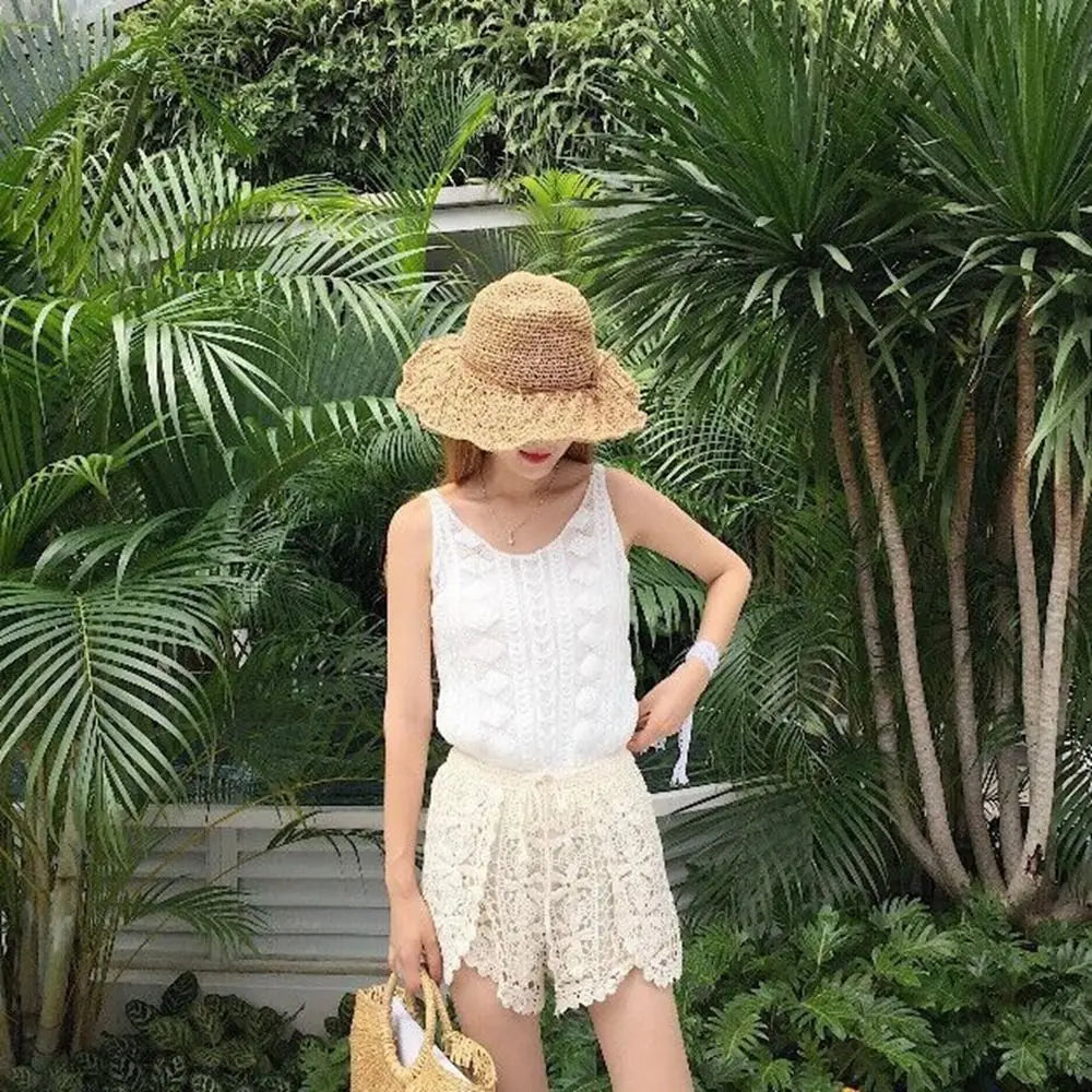 Boho Holiday Crochet Shorts Female Short Ladies Summer All-matching Trousers for Women High Waist Hollow Out Lace-up