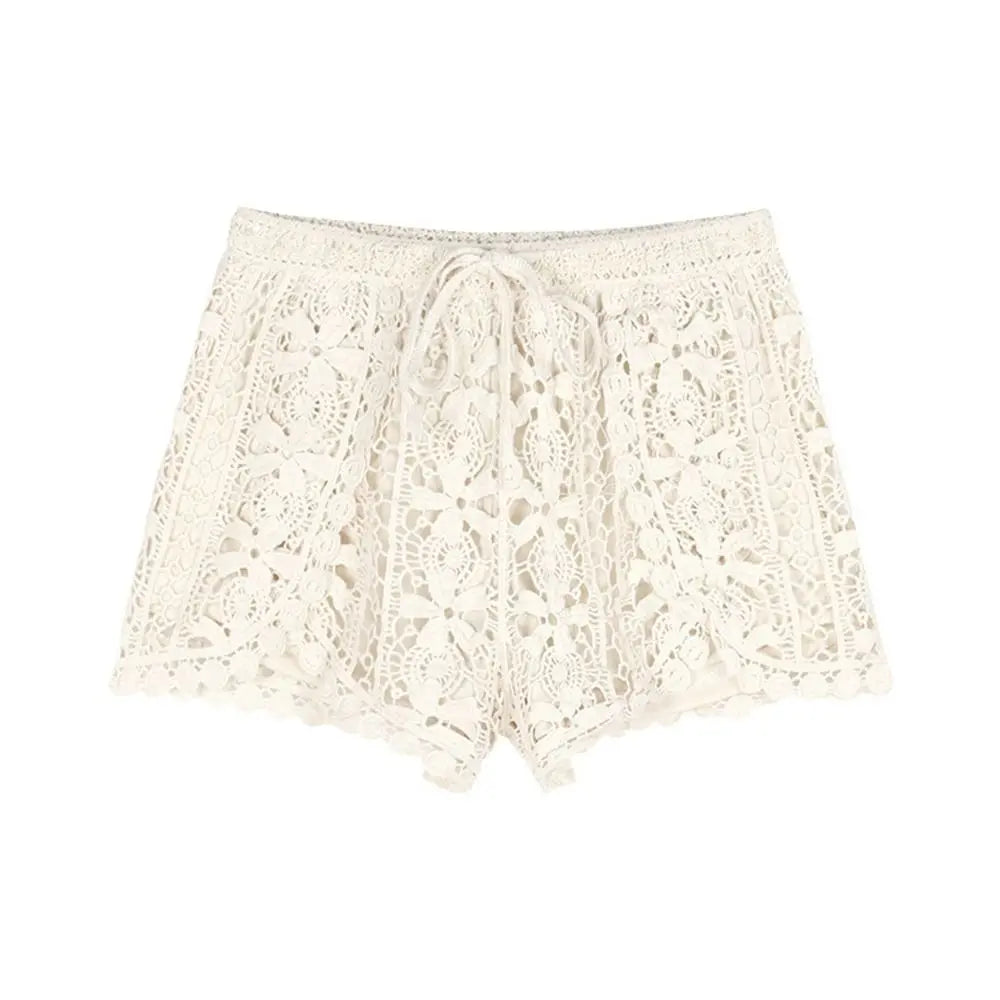 Boho Holiday Crochet Shorts Female Short Ladies Summer All-matching Trousers for Women High Waist Hollow Out Lace-up