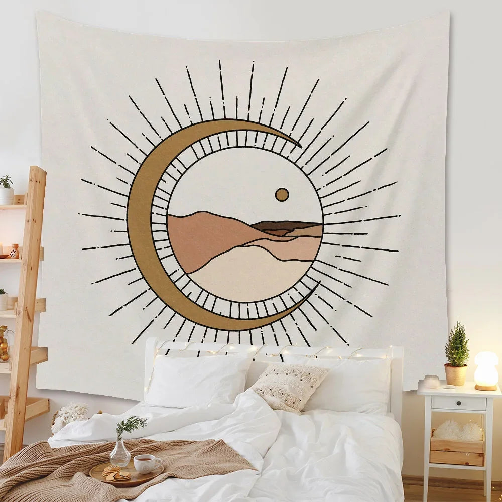 Boho Background Illustration Mural Decor Geometric Tapestry Wall Hanging Bedroom Aesthetic  Blanket
