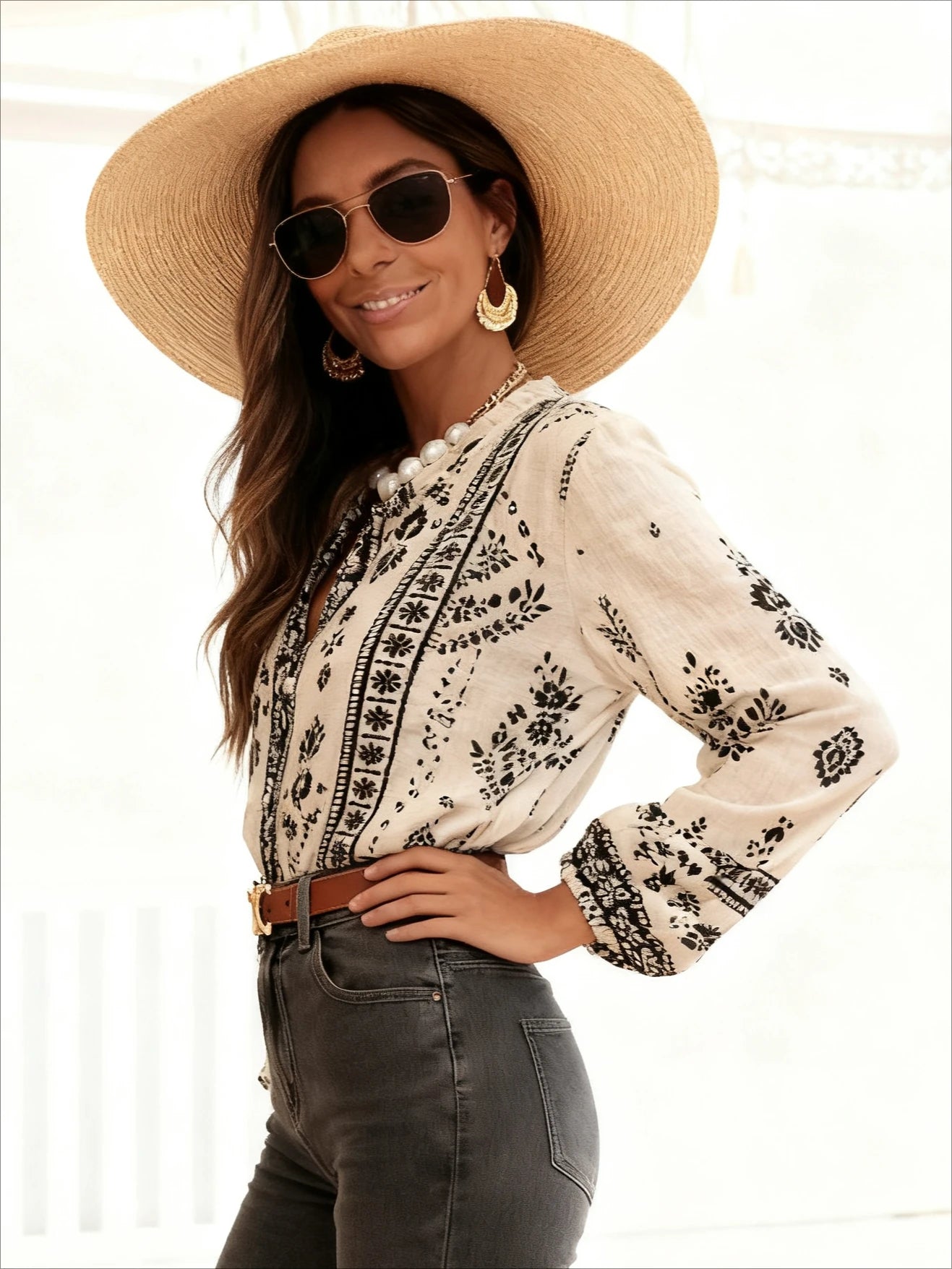 Boho Style Printed Long Sleeve Blouse for Women