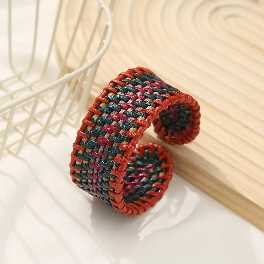 Bohemian Female Fashion Wood Bamboo Rattan Weave Handmade Bangles Big Bracelets For Women Boho Beach Style Ladies Jewelry Gifts
