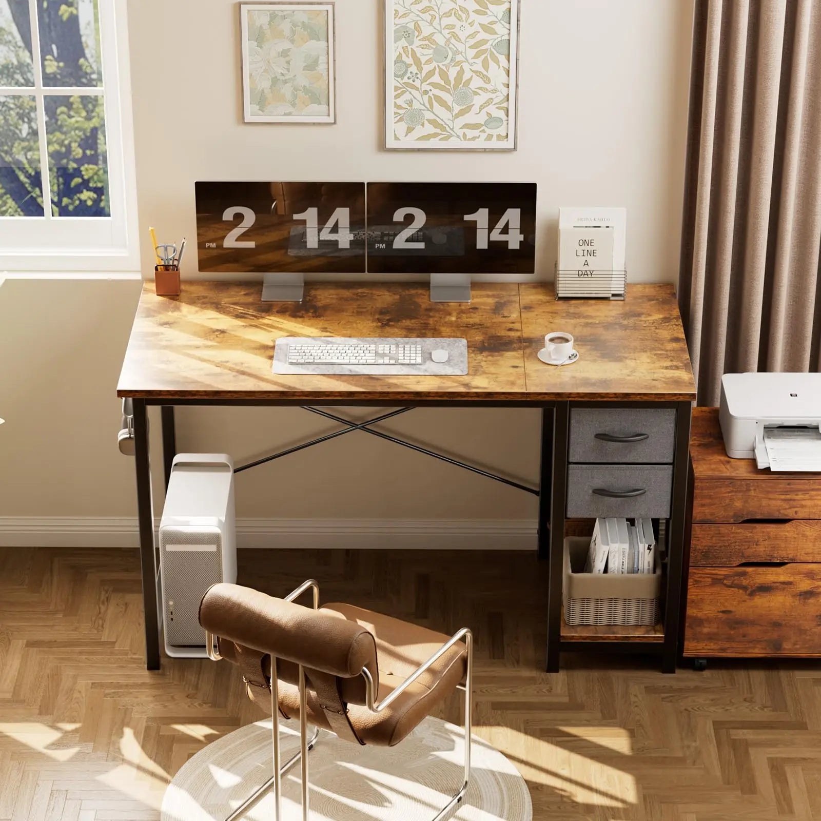 JHK 47IN Computer Desk with 2 Drawers For Study Office Gaming Wood Table with Adjustable Position Drawers Modern Work Table