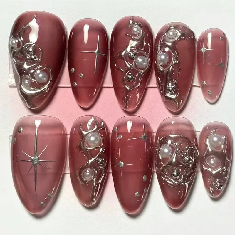 Pink Almond False Nails Butterfly Ballet