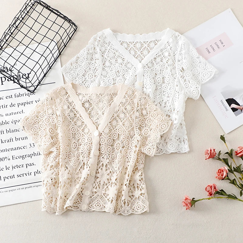 Boho Crochet Knit Top Short Sleeve Button-up Sheer Openwork Blouse Women Teen-girl Summer Fairycore Vacation Outfit