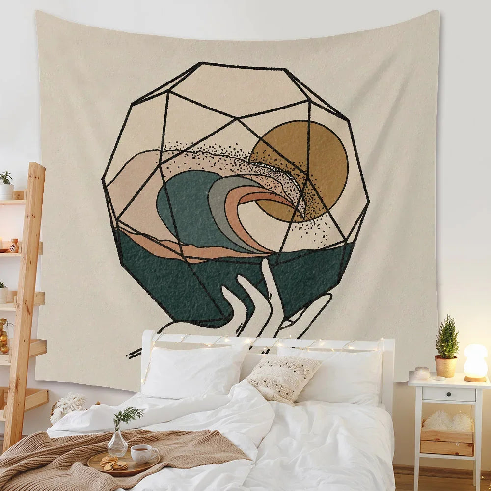 Boho Background Illustration Mural Decor Geometric Tapestry Wall Hanging Bedroom Aesthetic  Blanket