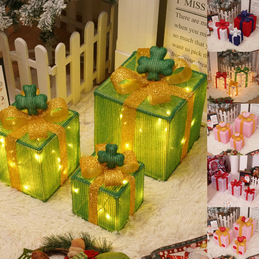 Christmas Decoration 3pcs Transparent Plastic Christmas Gift Boxes With Warm White LED Lights Christmas Tree Skirt Ornament