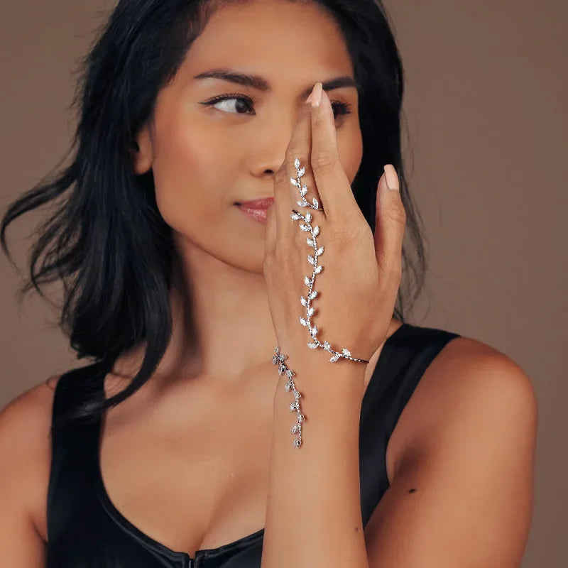 Boho Adjustable Leaf Cubic Zircon Hand Palm Bracelet