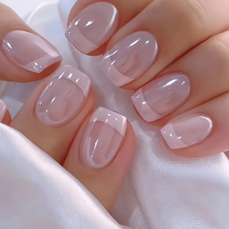 24 Pcs White French Acrylic Square Press on Nails Simple Short Medium Fake Nails with Tools Artificial Realistic False Nails Set