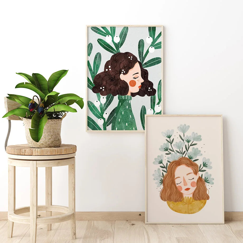 Boho Fashion Girl Flowers Leaves Illustration Wall Art