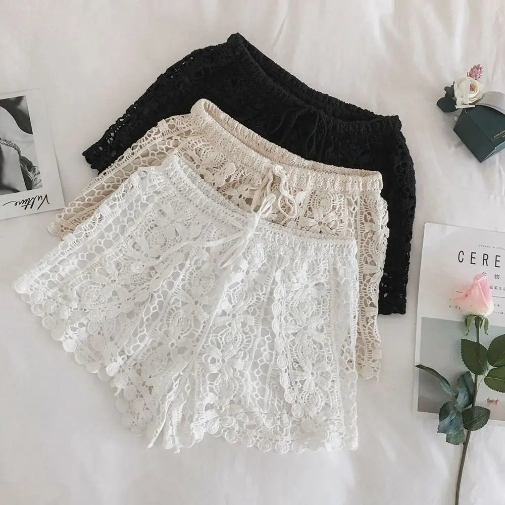 Boho Holiday Crochet Shorts Female Short Ladies Summer All-matching Trousers for Women High Waist Hollow Out Lace-up