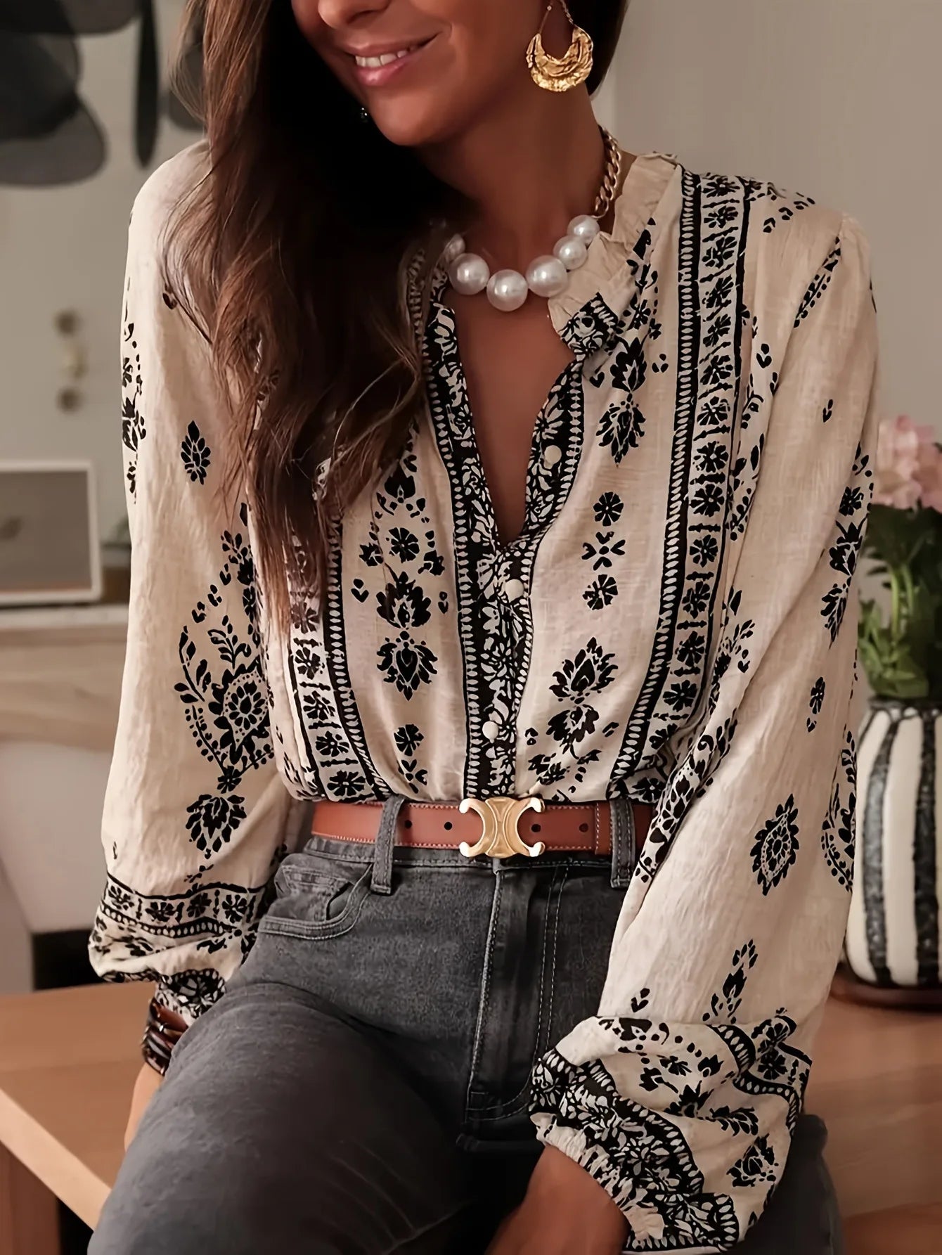 Boho Style Printed Long Sleeve Blouse for Women