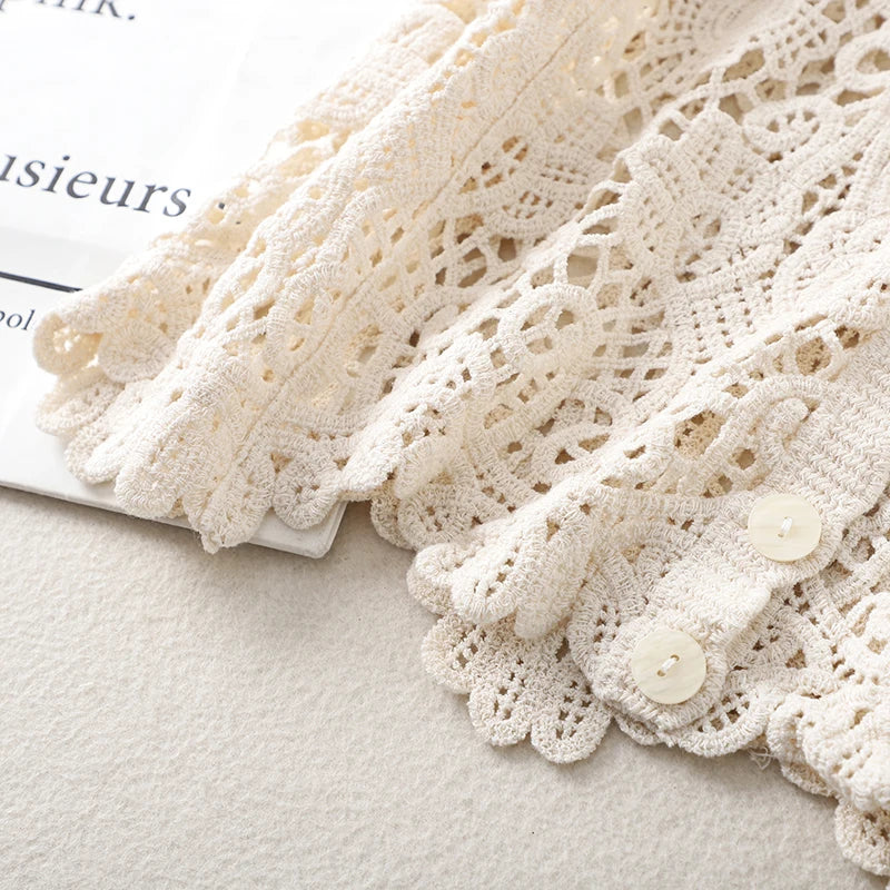 Boho Crochet Knit Top Short Sleeve Button-up Sheer Openwork Blouse Women Teen-girl Summer Fairycore Vacation Outfit