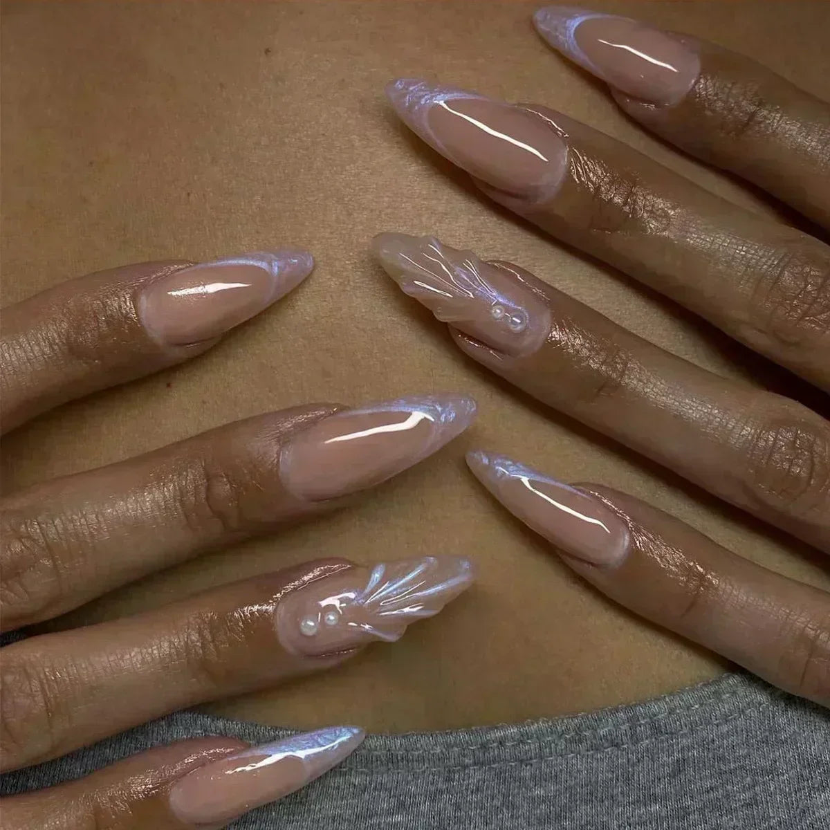 Pink Almond False Nails Butterfly Ballet