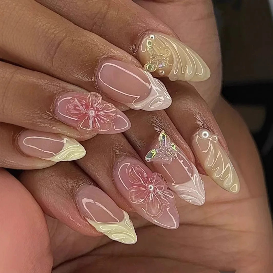 Pink Almond False Nails Butterfly Ballet