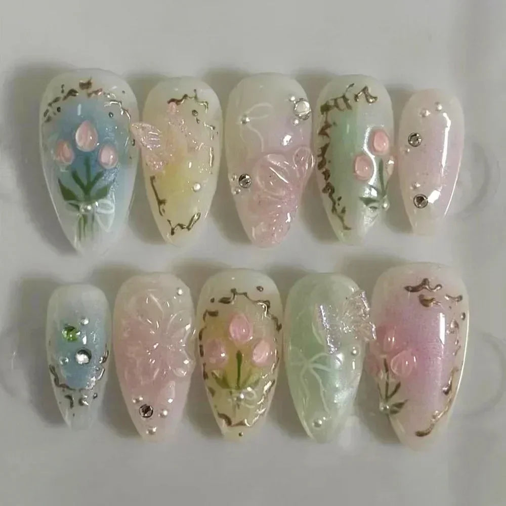 Pink Almond False Nails Butterfly Ballet