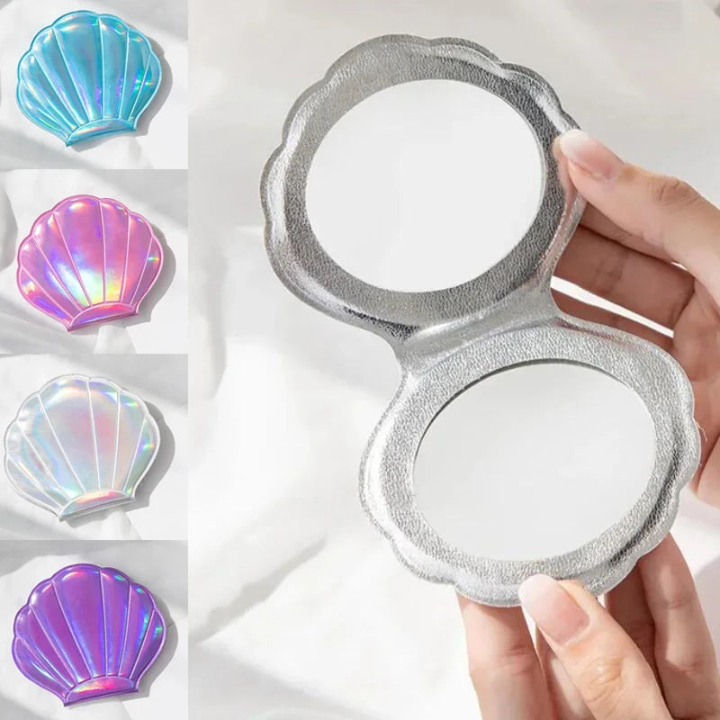 Dream Laser Color Shell Shape Makeup Mirror 2X Magnifying Mirror Portable Double-sided Folding Pocket Kawaii Makeup Accessories