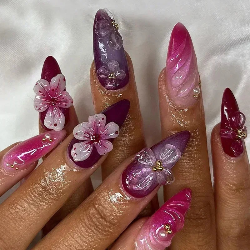 Pink Almond False Nails Butterfly Ballet