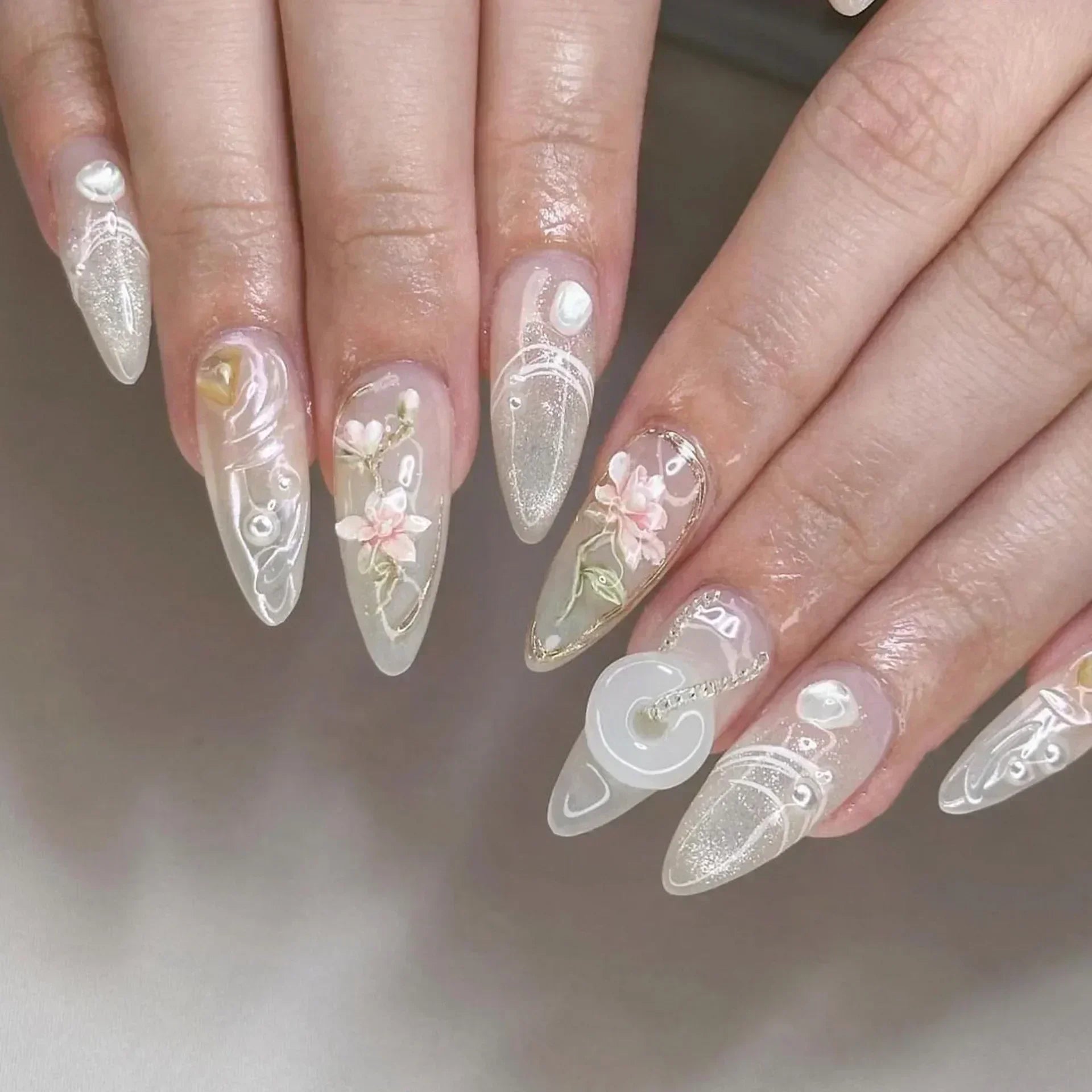 Pink Almond False Nails Butterfly Ballet