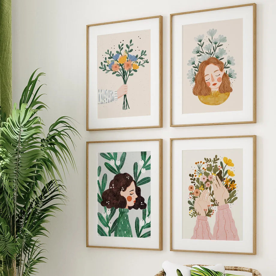 Boho Fashion Girl Flowers Leaves Illustration Wall Art