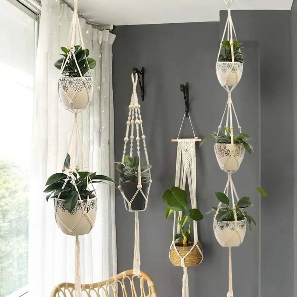 Boho Cotton Rope Hanger Flower Pot Handmade 4 Legs Plant Hanger Creativity Hollowed-out Design Tassel Hanging Basket Outdoor